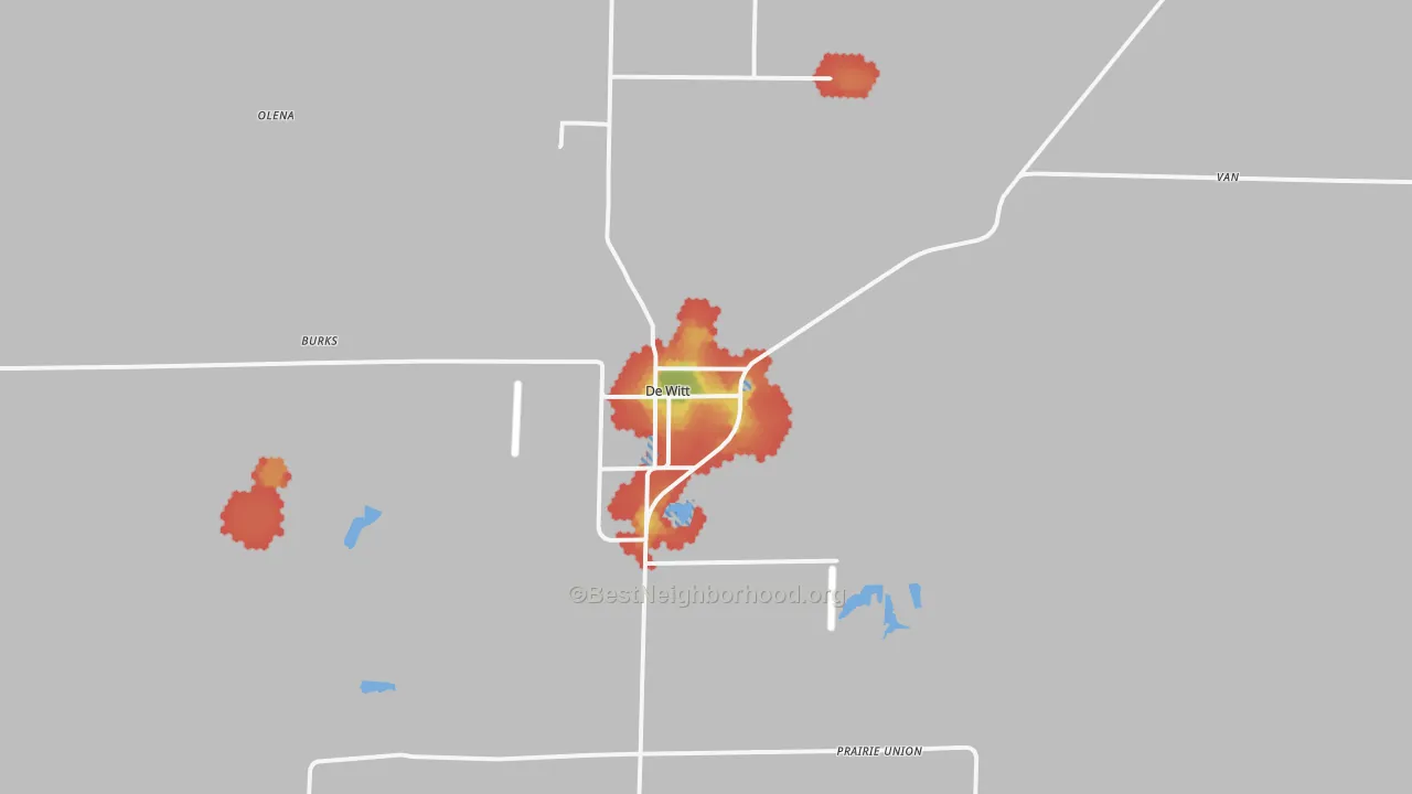 Walk Grade map of 72042, AR, walkable areas in green and car-dependent areas in red