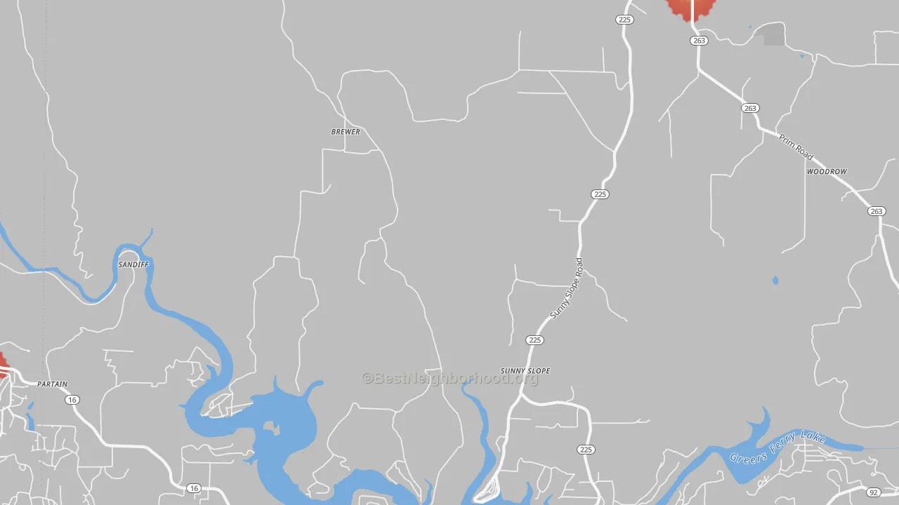 Walk Grade map of 72044, AR, walkable areas in green and car-dependent areas in red