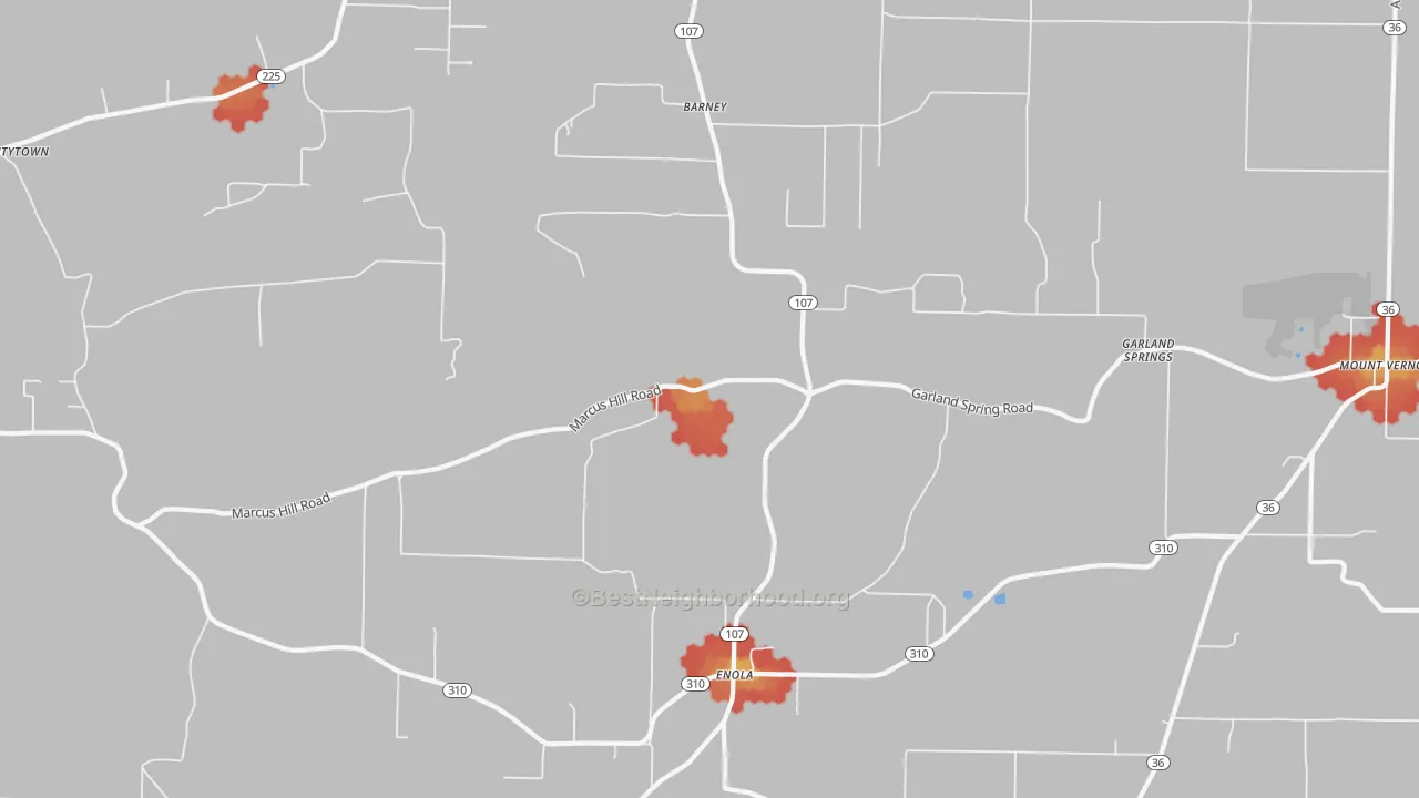 Walk Grade map of 72047, AR, walkable areas in green and car-dependent areas in red