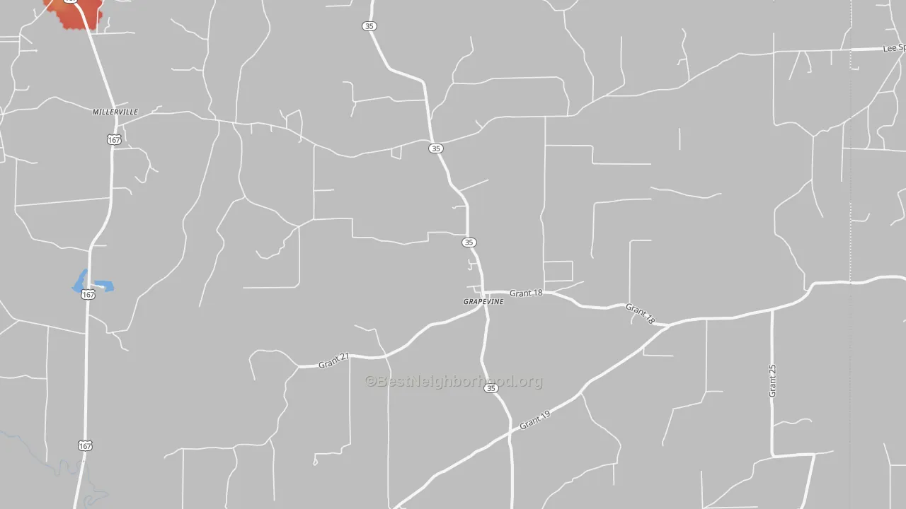 Walk Grade map of 72057, AR, walkable areas in green and car-dependent areas in red