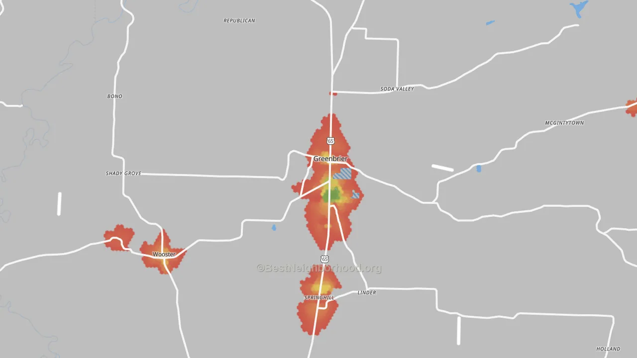 Walk Grade map of 72058, AR, walkable areas in green and car-dependent areas in red