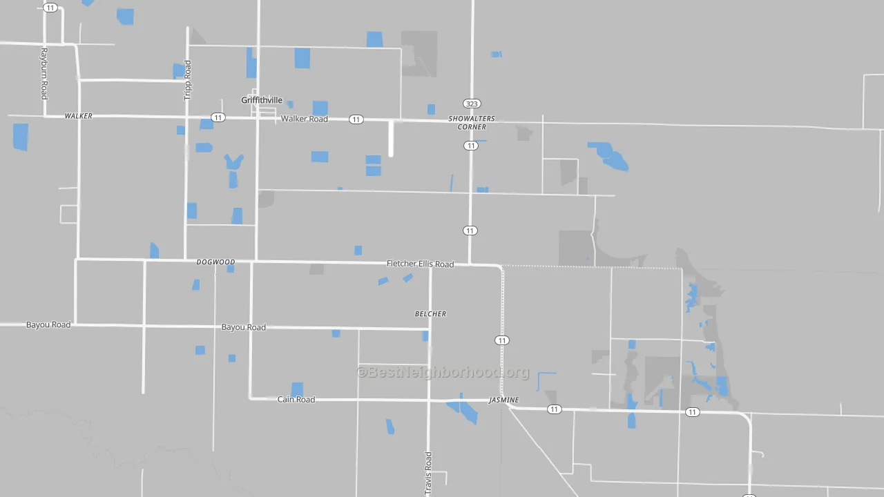 Walk Grade map of 72060, AR, walkable areas in green and car-dependent areas in red