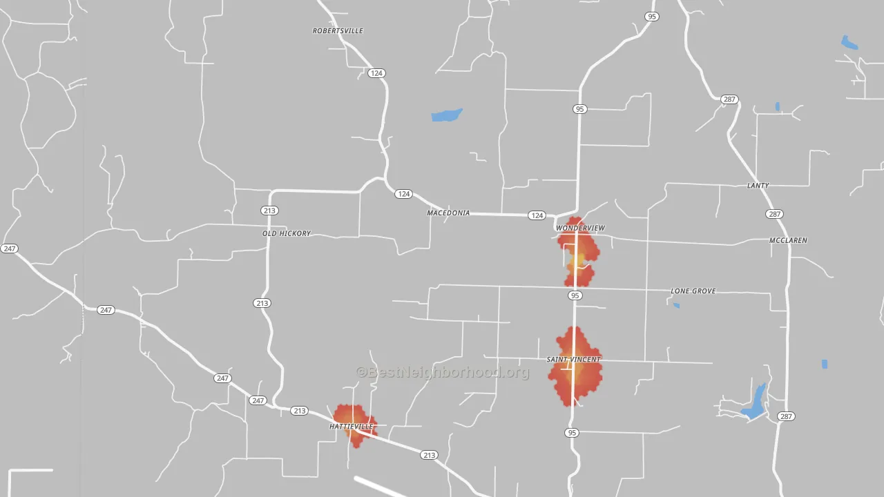 Walk Grade map of 72063, AR, walkable areas in green and car-dependent areas in red