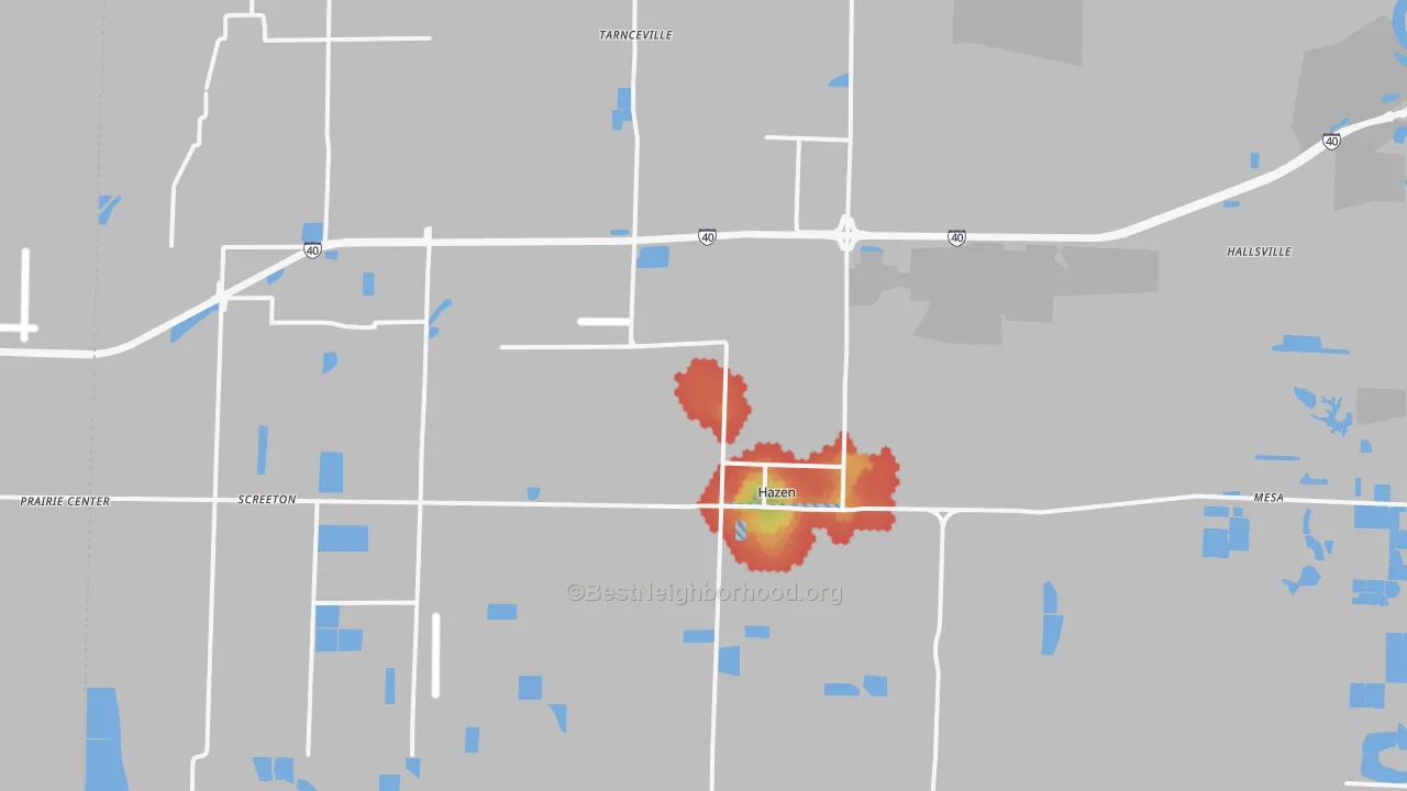 Walk Grade map of 72064, AR, walkable areas in green and car-dependent areas in red