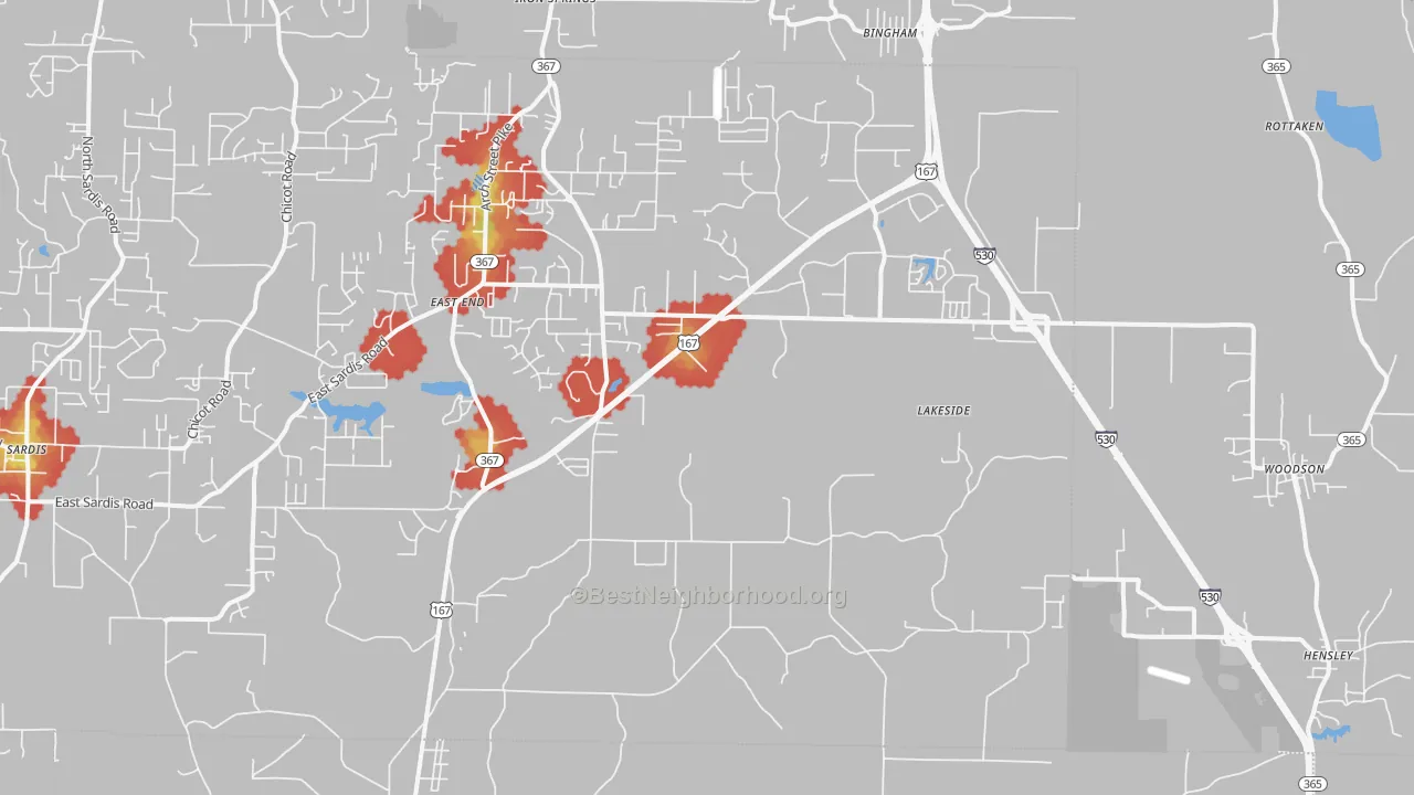 Walk Grade map of 72065, AR, walkable areas in green and car-dependent areas in red