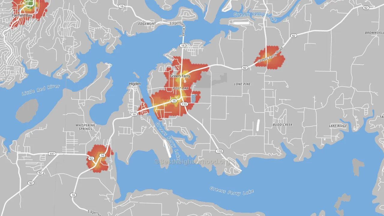 Walk Grade map of 72067, AR, walkable areas in green and car-dependent areas in red