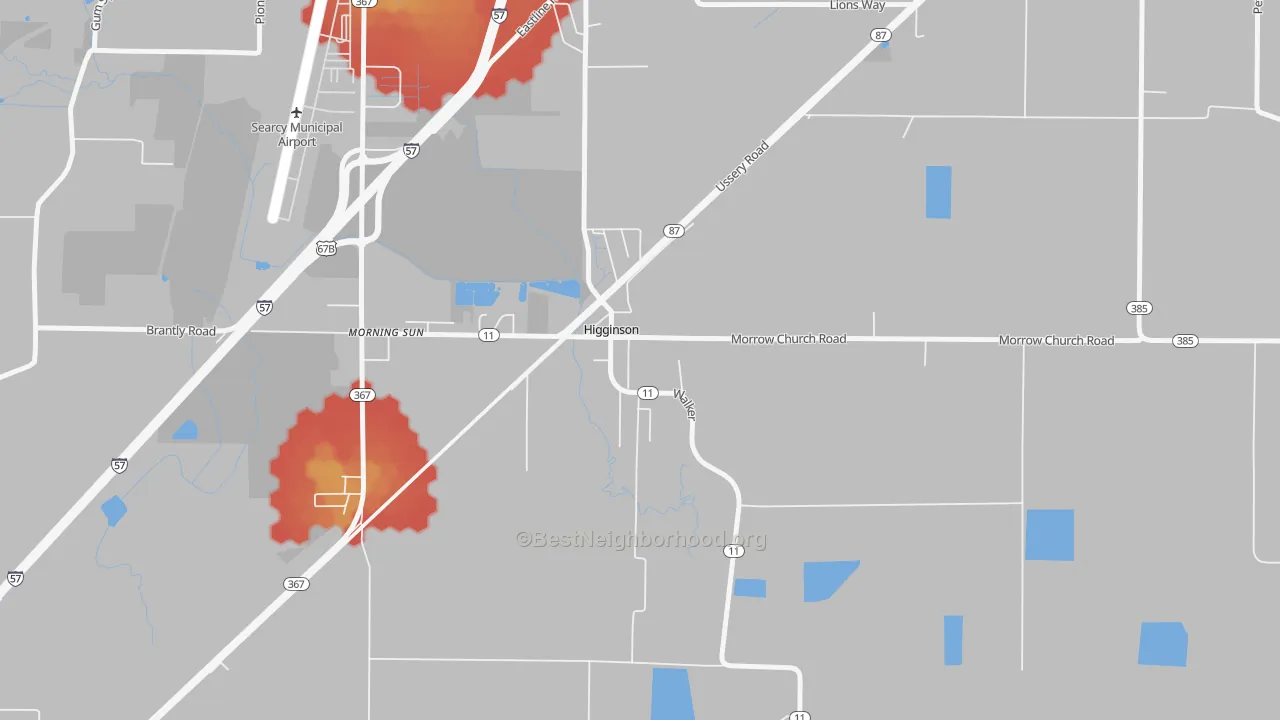 Walk Grade map of 72068, AR, walkable areas in green and car-dependent areas in red