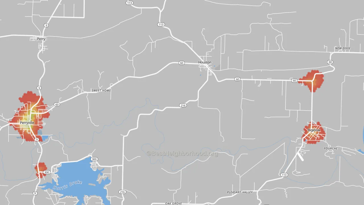 Walk Grade map of 72070, AR, walkable areas in green and car-dependent areas in red