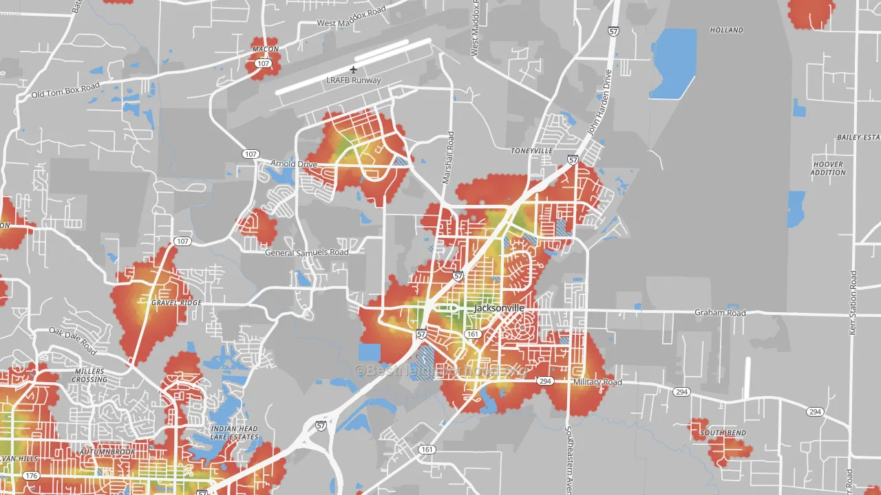 Walk Grade map of 72076, AR, walkable areas in green and car-dependent areas in red