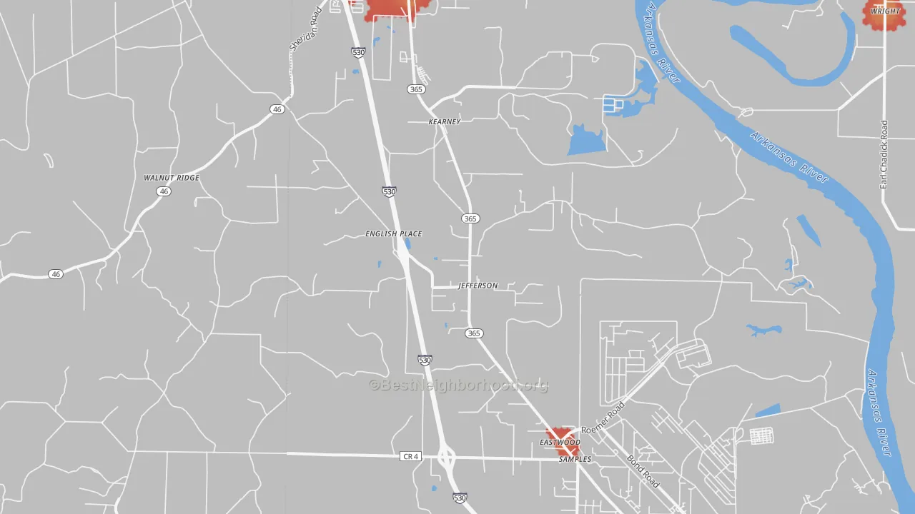 Walk Grade map of 72079, AR, walkable areas in green and car-dependent areas in red