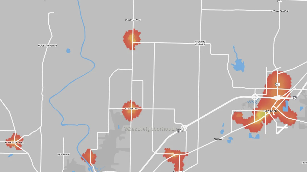 Walk Grade map of 72081, AR, walkable areas in green and car-dependent areas in red