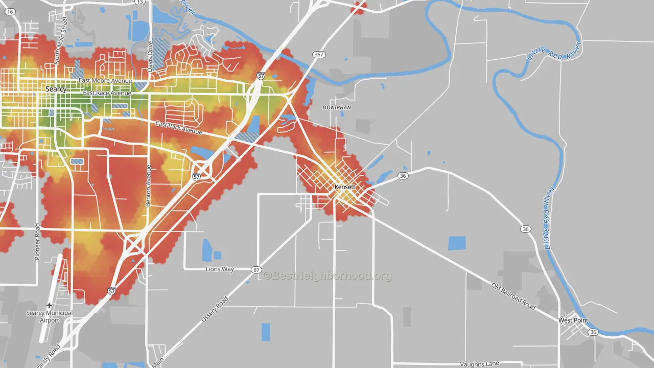 Walk Grade map of 72082, AR, walkable areas in green and car-dependent areas in red