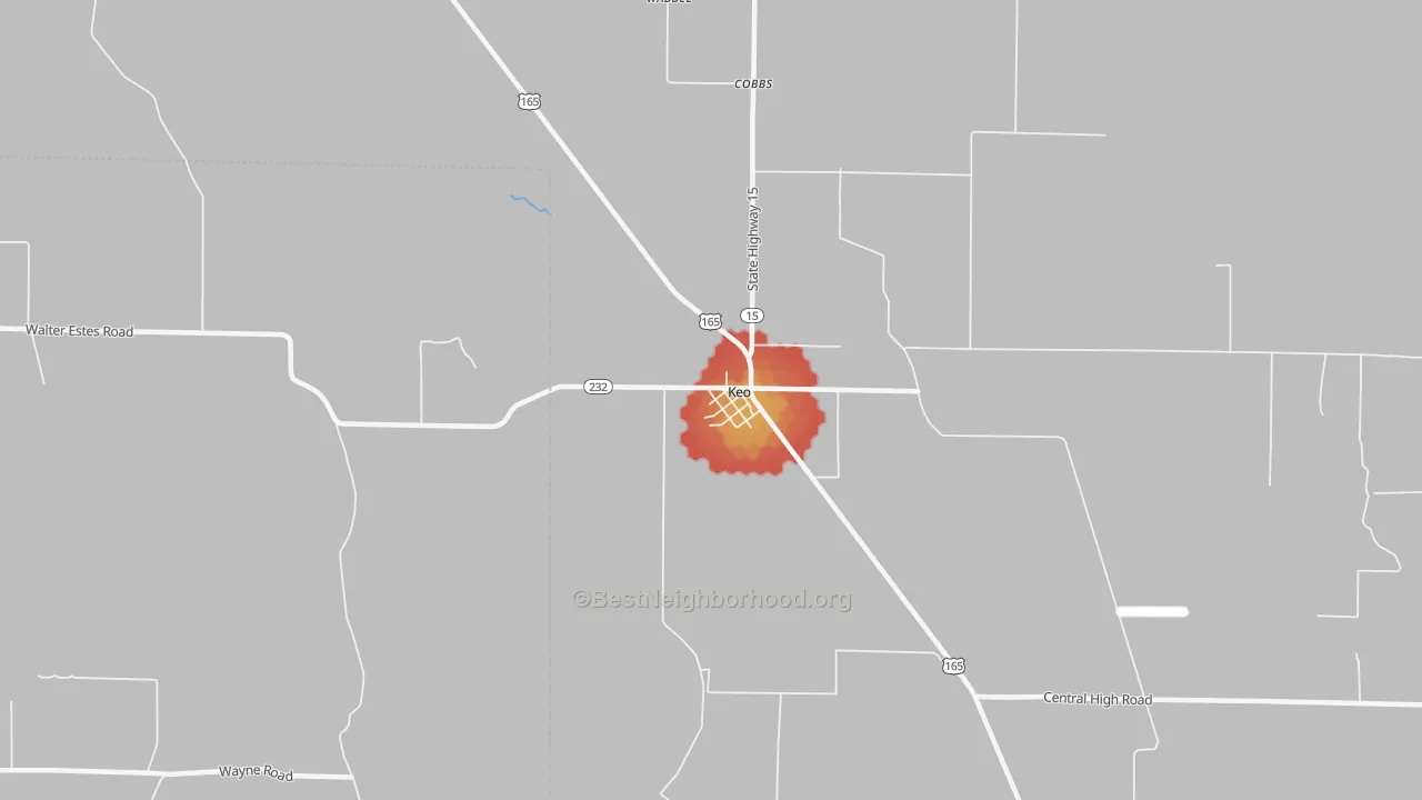 Walk Grade map of 72083, AR, walkable areas in green and car-dependent areas in red