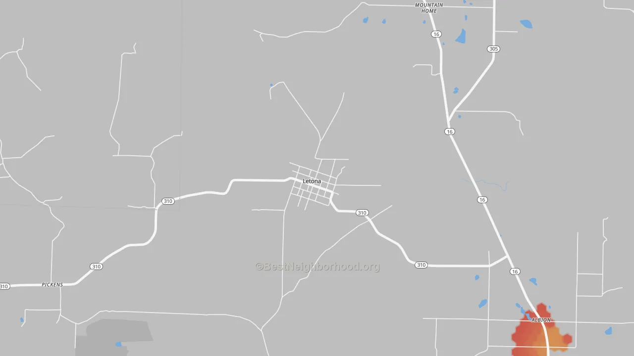 Walk Grade map of 72085, AR, walkable areas in green and car-dependent areas in red