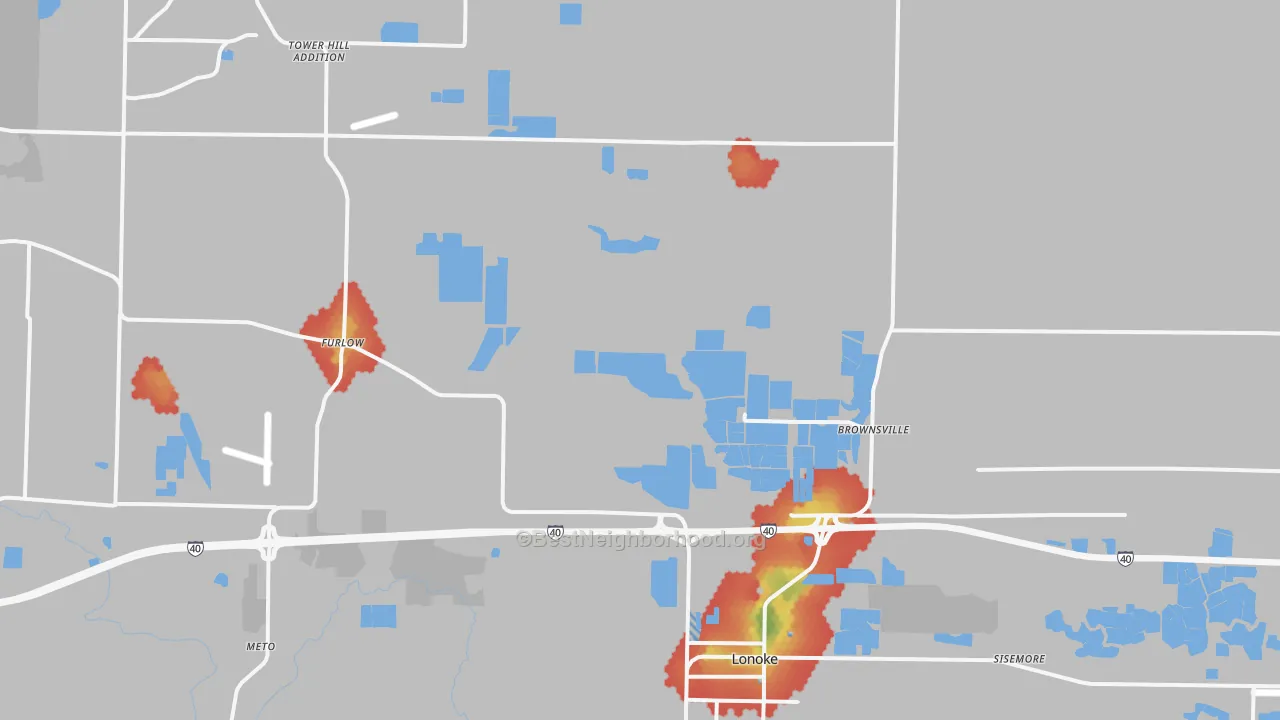 Walk Grade map of 72086, AR, walkable areas in green and car-dependent areas in red