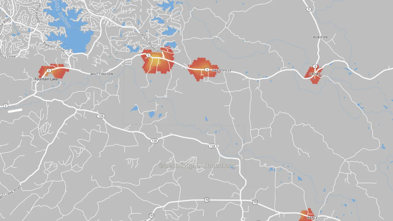 Walk Grade map of 72087, AR, walkable areas in green and car-dependent areas in red
