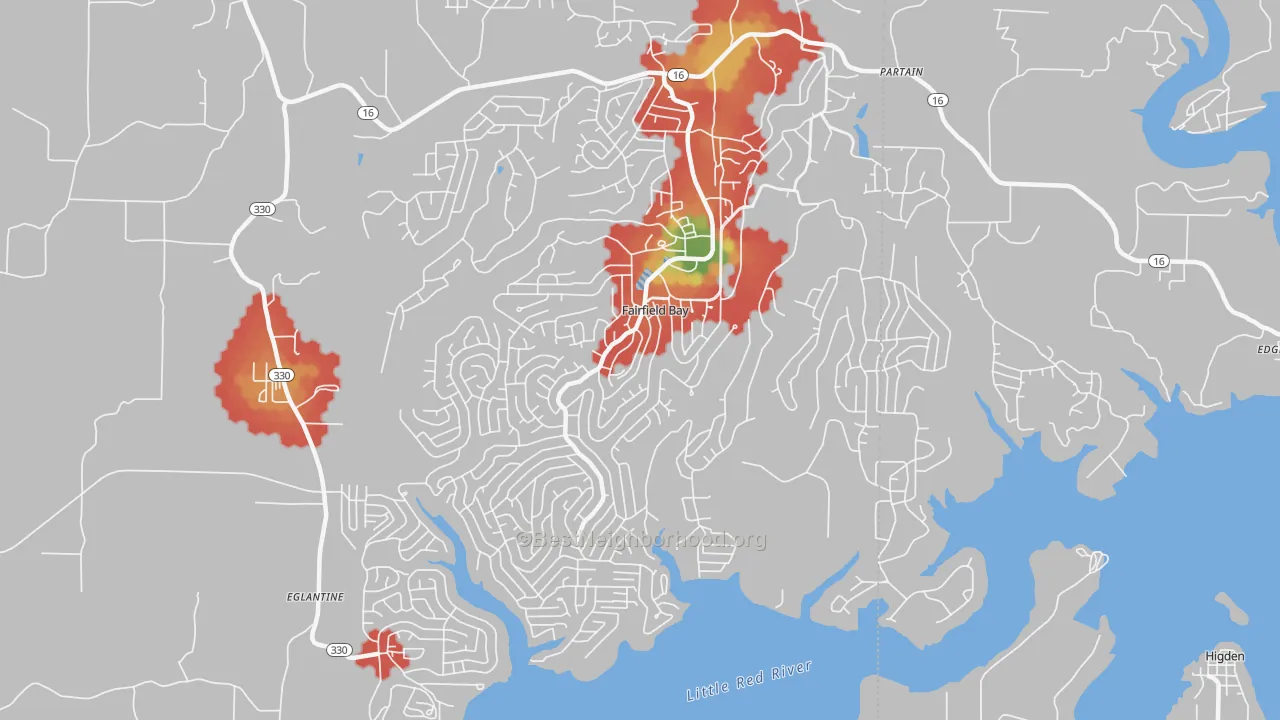 Walk Grade map of 72088, AR, walkable areas in green and car-dependent areas in red