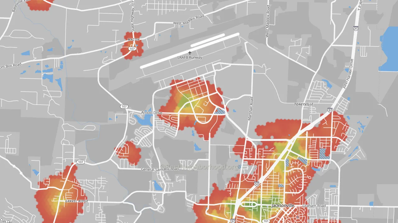 Walk Grade map of 72099, AR, walkable areas in green and car-dependent areas in red