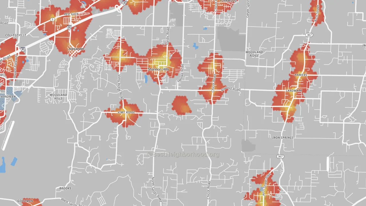 Walk Grade map of 72103, AR, walkable areas in green and car-dependent areas in red