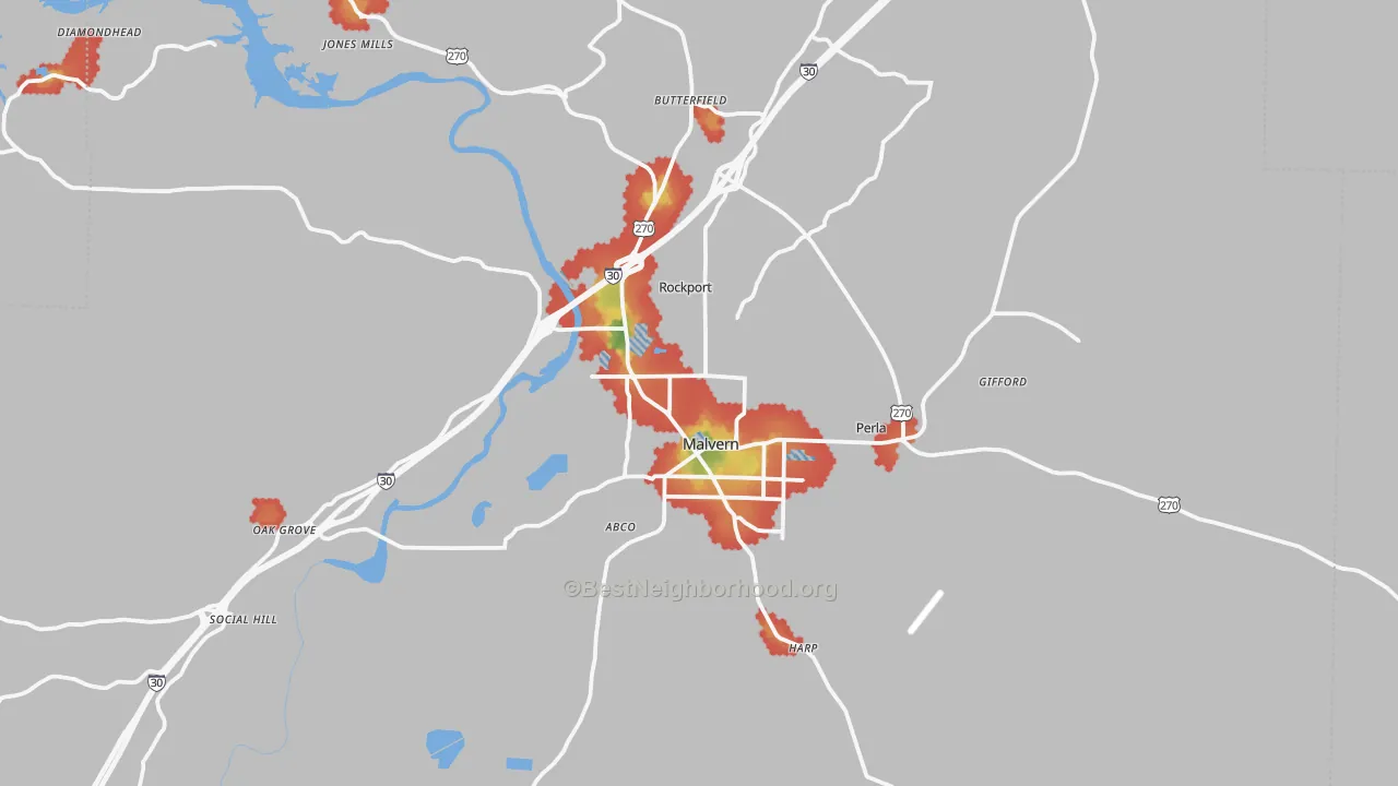 Walk Grade map of 72104, AR, walkable areas in green and car-dependent areas in red