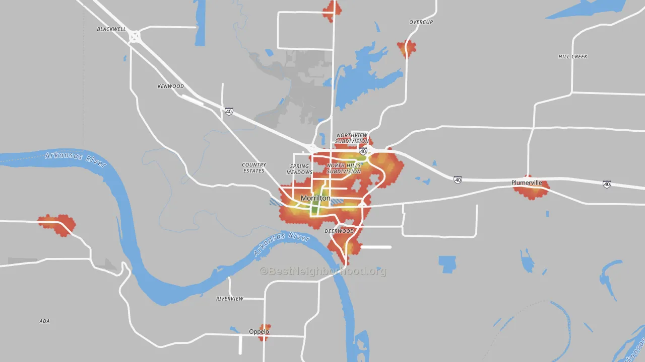 Walk Grade map of 72110, AR, walkable areas in green and car-dependent areas in red