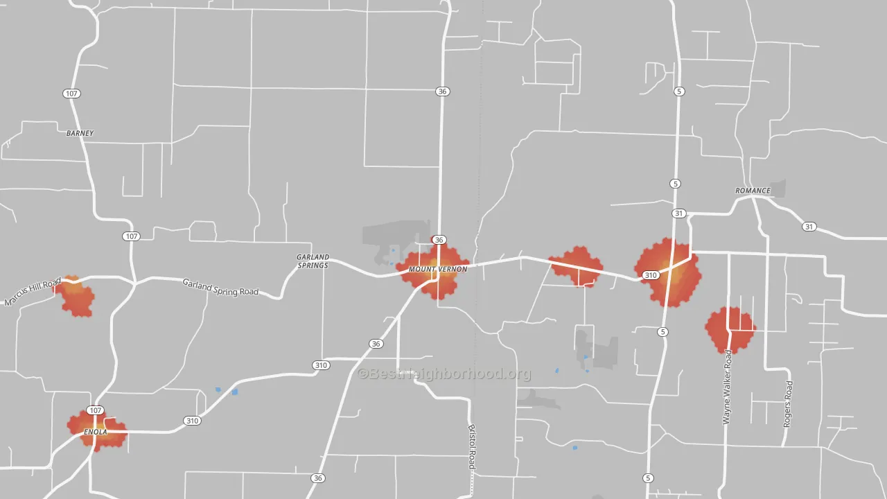 Walk Grade map of 72111, AR, walkable areas in green and car-dependent areas in red