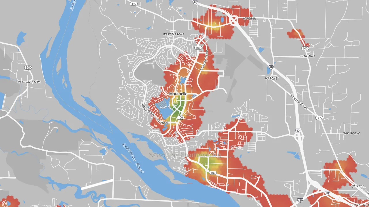 Walk Grade map of 72113, AR, walkable areas in green and car-dependent areas in red
