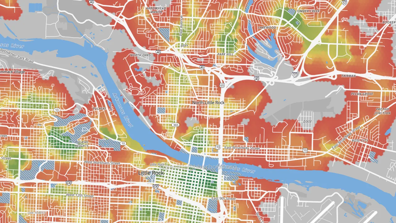 Walk Grade map of 72114, AR, walkable areas in green and car-dependent areas in red