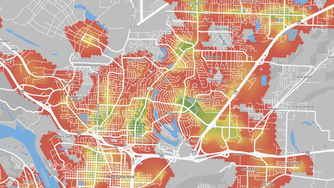 Walk Grade map of 72116, AR, walkable areas in green and car-dependent areas in red