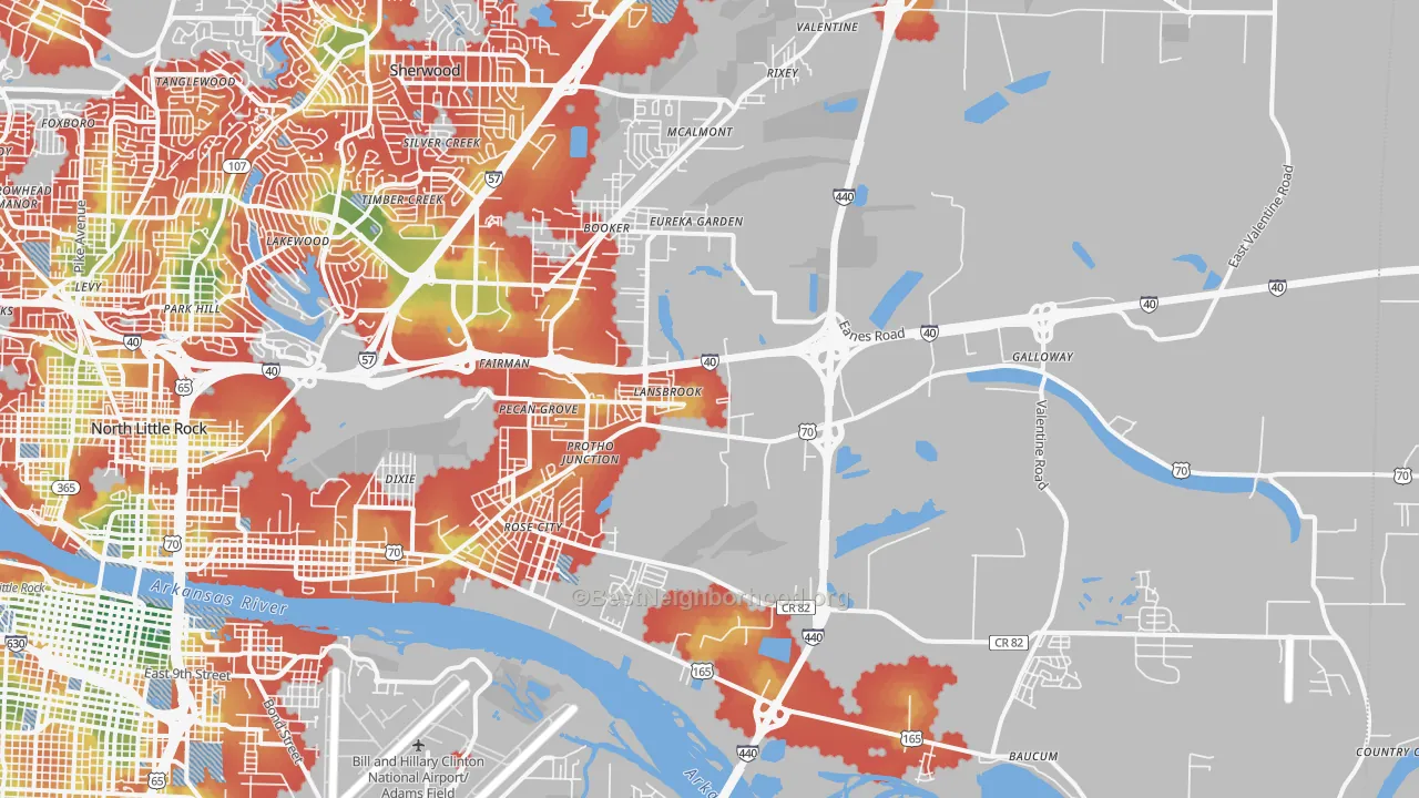 Walk Grade map of 72117, AR, walkable areas in green and car-dependent areas in red