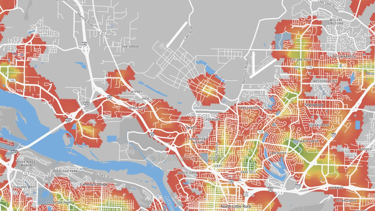 Walk Grade map of 72118, AR, walkable areas in green and car-dependent areas in red