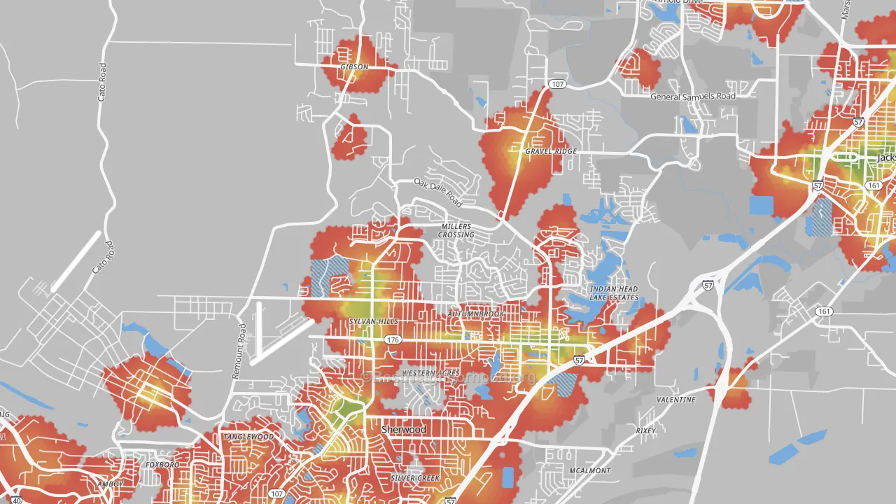 Walk Grade map of 72120, AR, walkable areas in green and car-dependent areas in red