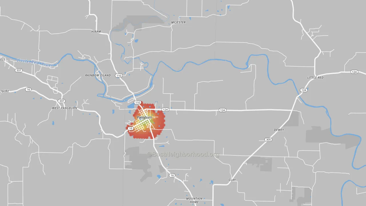 Walk Grade map of 72121, AR, walkable areas in green and car-dependent areas in red