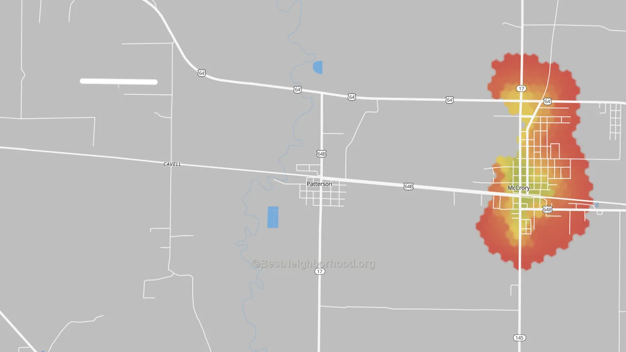 Walk Grade map of 72123, AR, walkable areas in green and car-dependent areas in red