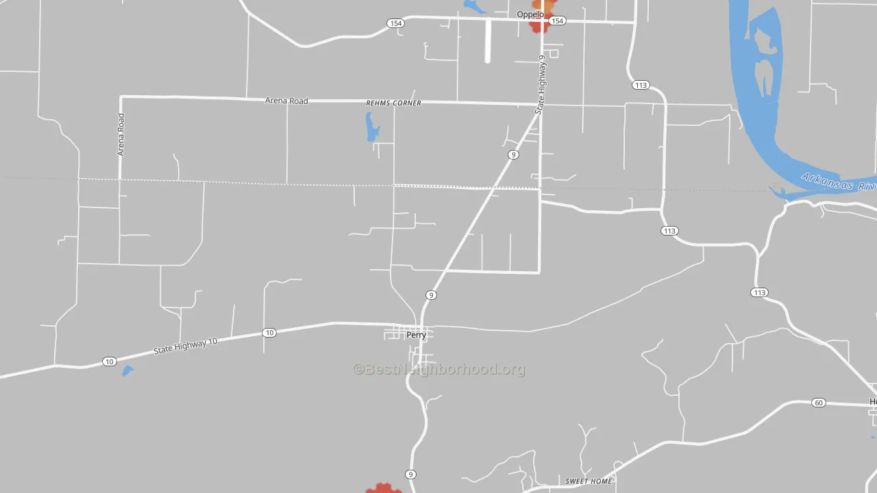 Walk Grade map of 72125, AR, walkable areas in green and car-dependent areas in red