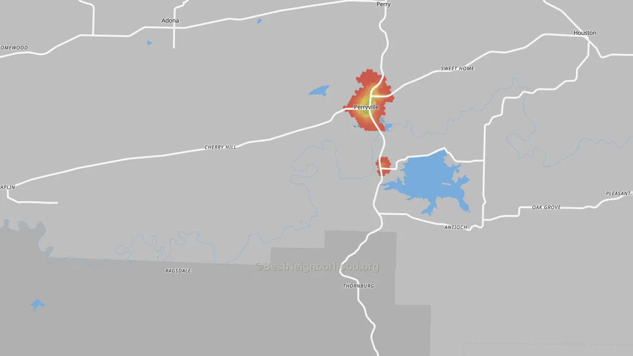 Walk Grade map of 72126, AR, walkable areas in green and car-dependent areas in red