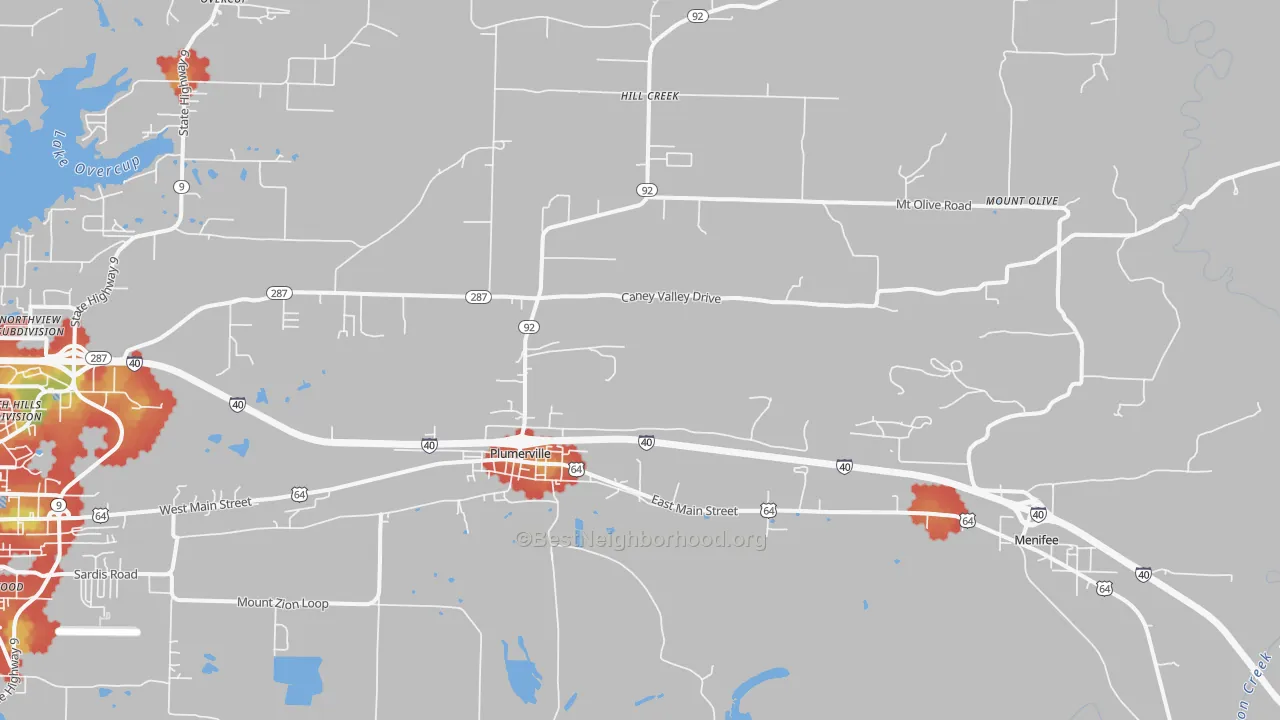 Walk Grade map of 72127, AR, walkable areas in green and car-dependent areas in red