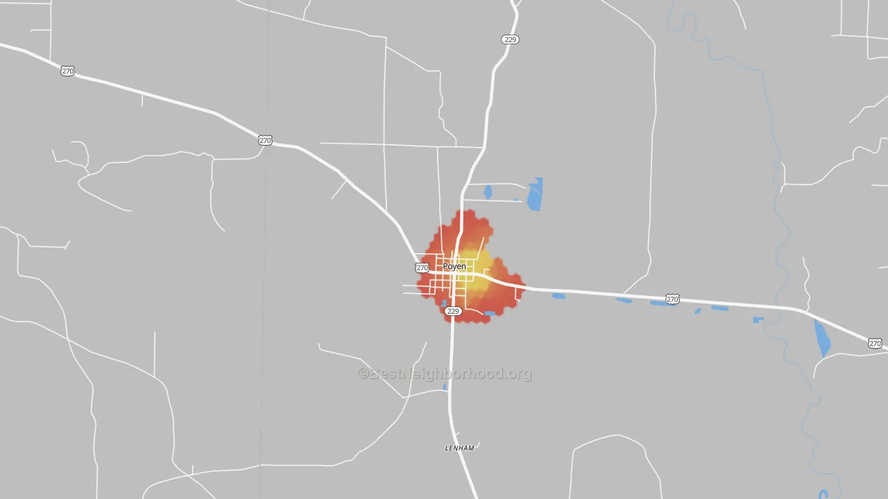 Walk Grade map of 72128, AR, walkable areas in green and car-dependent areas in red