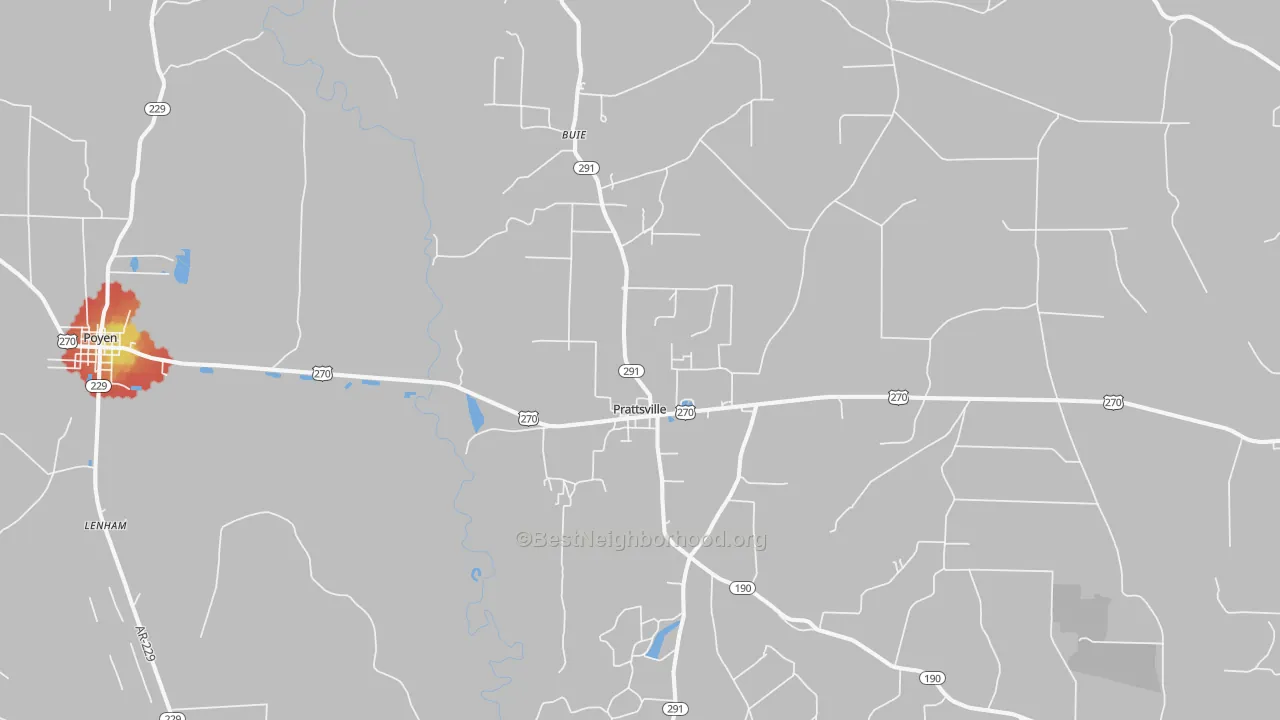 Walk Grade map of 72129, AR, walkable areas in green and car-dependent areas in red
