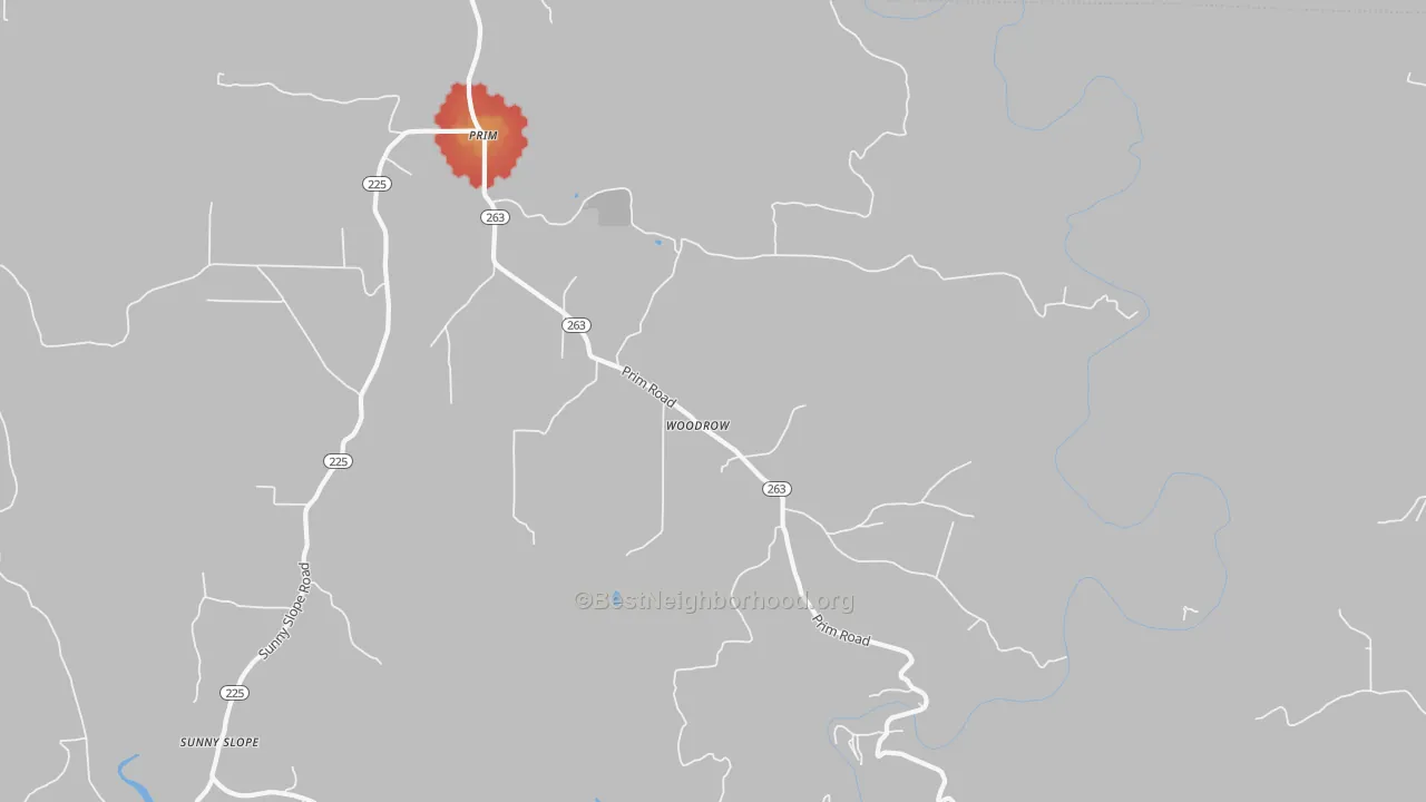 Walk Grade map of 72130, AR, walkable areas in green and car-dependent areas in red