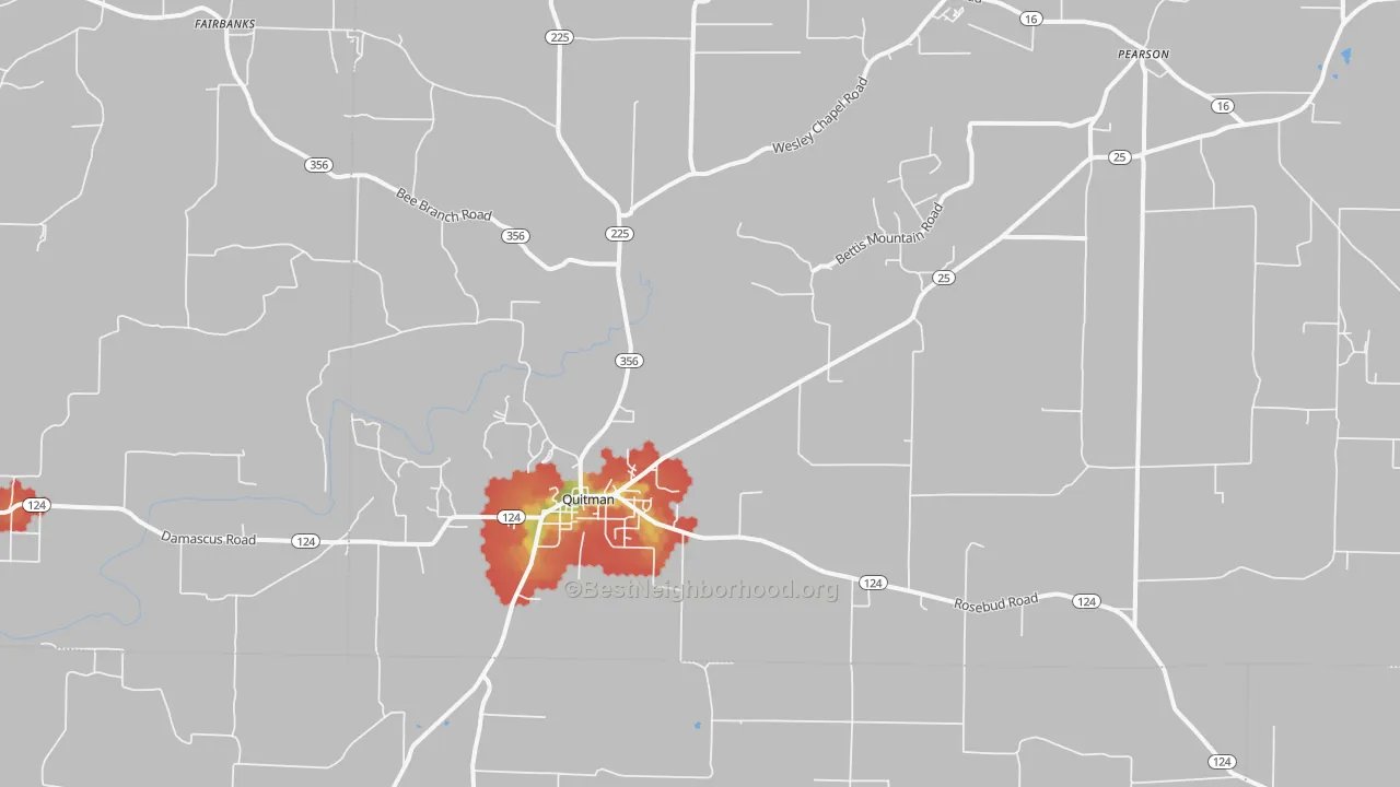 Walk Grade map of 72131, AR, walkable areas in green and car-dependent areas in red