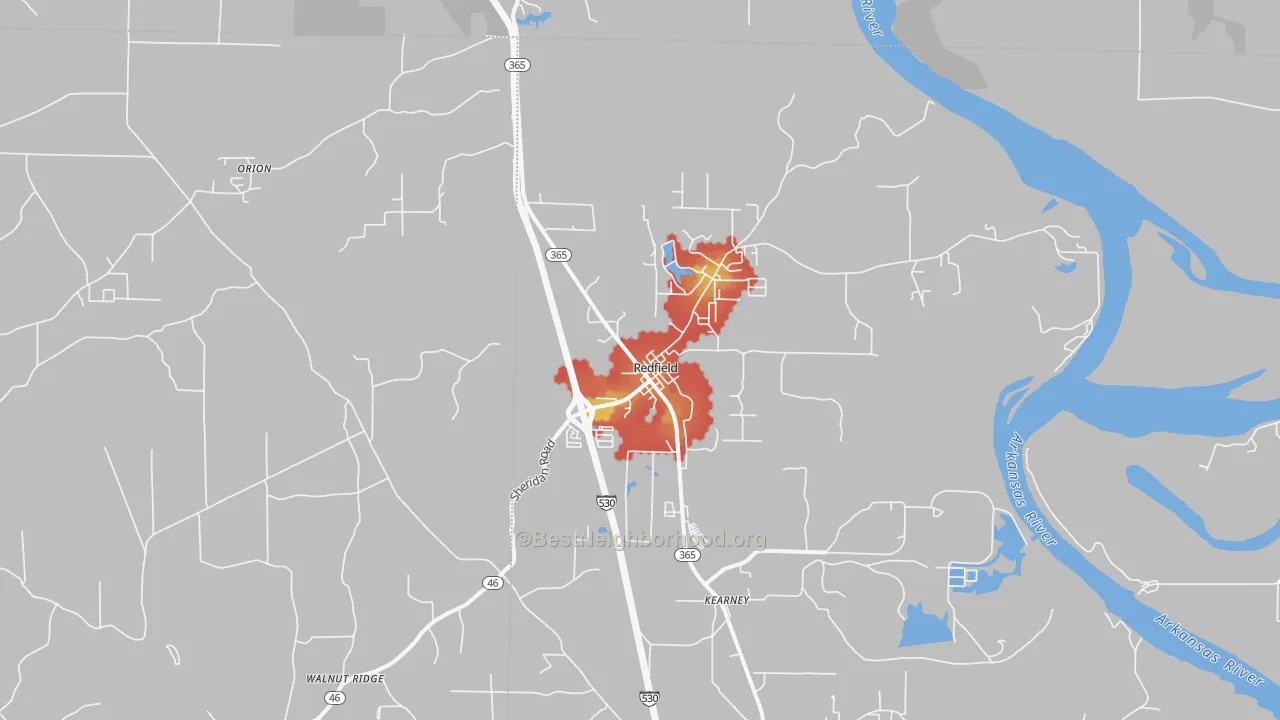 Walk Grade map of 72132, AR, walkable areas in green and car-dependent areas in red