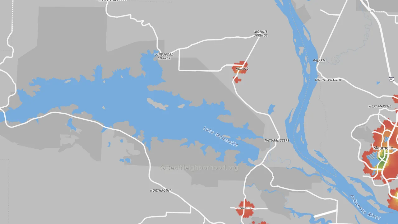 Walk Grade map of 72135, AR, walkable areas in green and car-dependent areas in red
