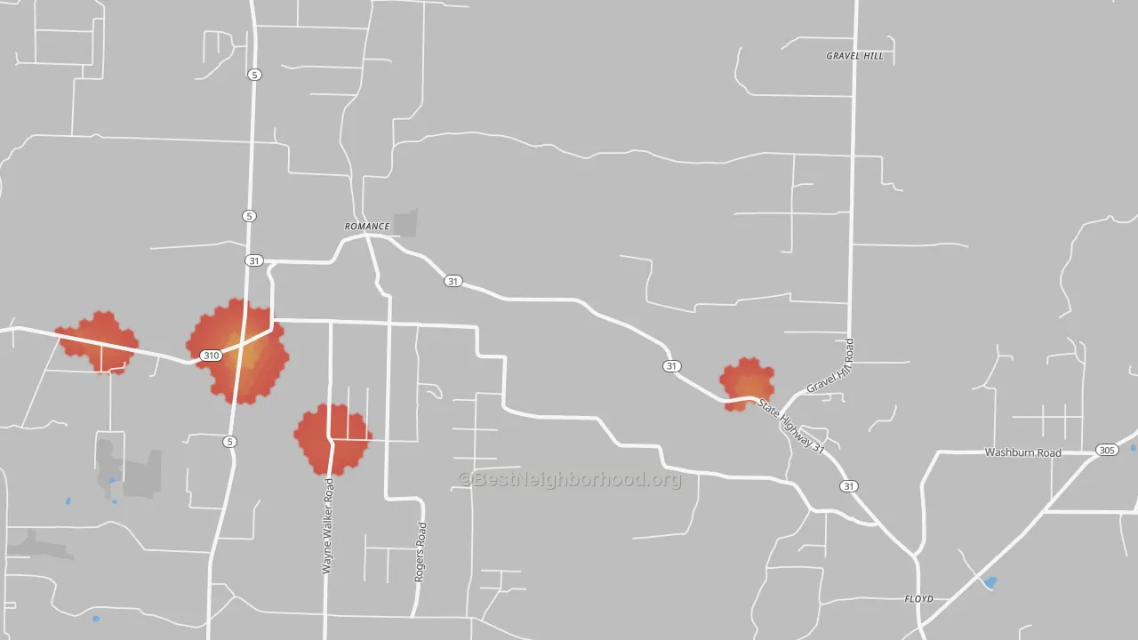 Walk Grade map of 72136, AR, walkable areas in green and car-dependent areas in red