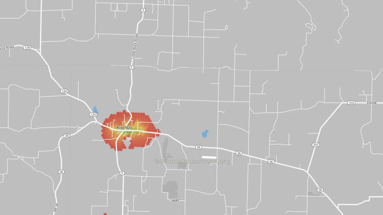 Walk Grade map of 72137, AR, walkable areas in green and car-dependent areas in red