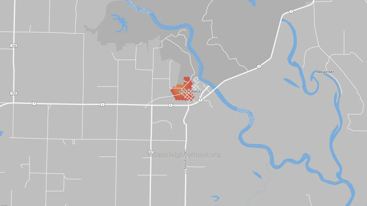 Walk Grade map of 72140, AR, walkable areas in green and car-dependent areas in red