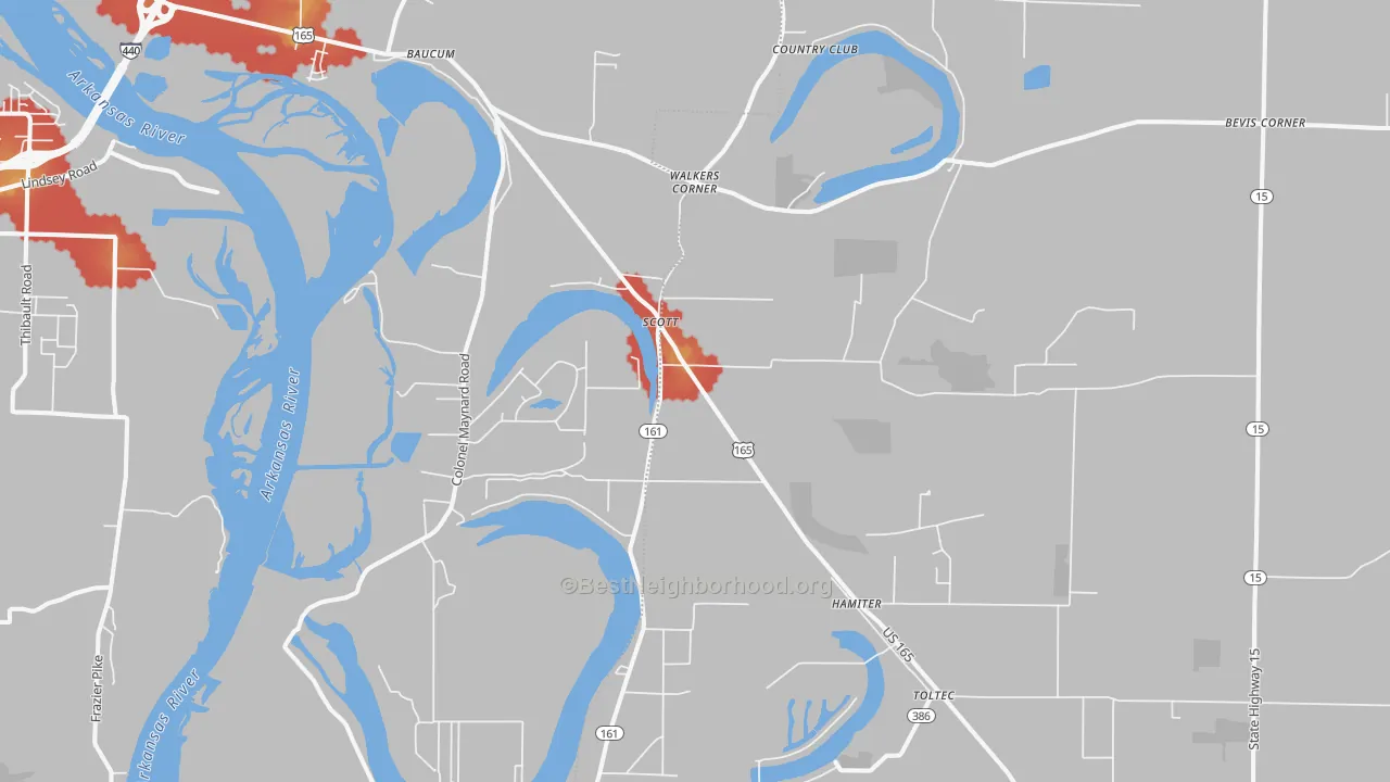 Walk Grade map of 72142, AR, walkable areas in green and car-dependent areas in red