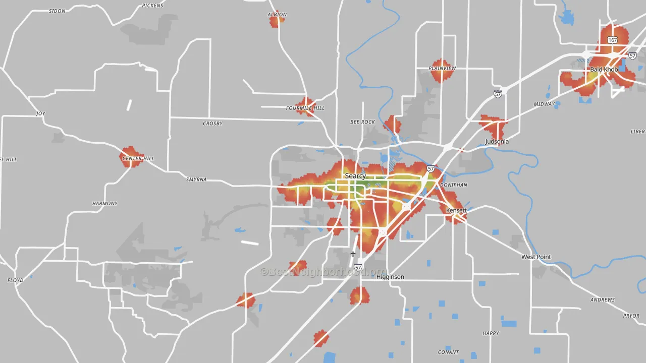 Walk Grade map of 72143, AR, walkable areas in green and car-dependent areas in red