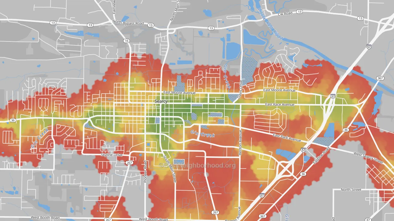 Walk Grade map of 72149, AR, walkable areas in green and car-dependent areas in red