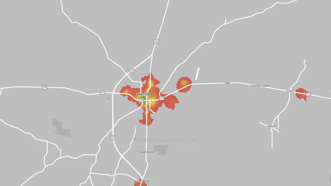 Walk Grade map of 72150, AR, walkable areas in green and car-dependent areas in red